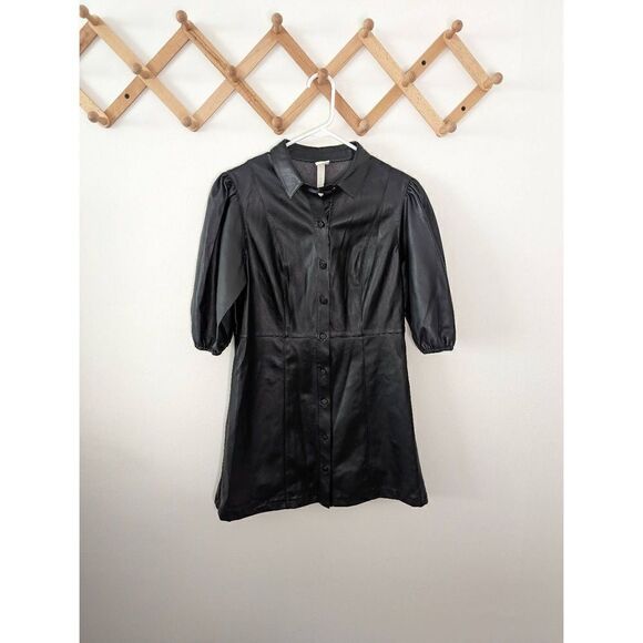 H&M Faux Black Leather Button Down Front Puff Sleeves Dress - Size 10P - Picture 1 of 6